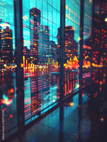Futuristic Cityscape with Vibrant Lights and Reflections in Modern Glass Windows Urban Night Scene with Abstract Digital Lines and Vibrant Colors photo