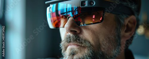 Man Wearing Advanced Augmented Reality Glasses with Digital Display for Immersive Virtual Experience and Enhanced Visual Interaction in Modern Technology Setting photo