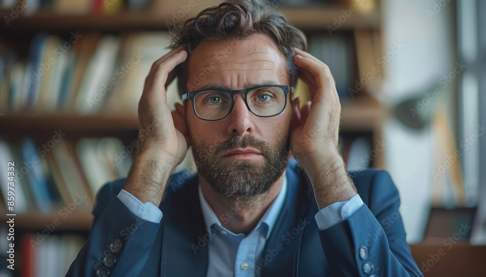 Professional Man in Glasses, Looking Surprised, Sitting in an Office with Bookshelves in Background, Wearing a Suit and Tie, Highlighting Emotional Reaction and Professional Environment Professional Man in Glasses, Looking Surprised, Sitting in an Office with Bookshelves in Background, Wearing a Suit and Tie, Highlighting Emotional Reaction and Professional Environment