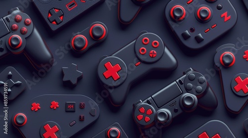 The image is a dark background with several black video game controllers with red buttons and joysticks. The controllers are arranged in a scattered pattern. photo