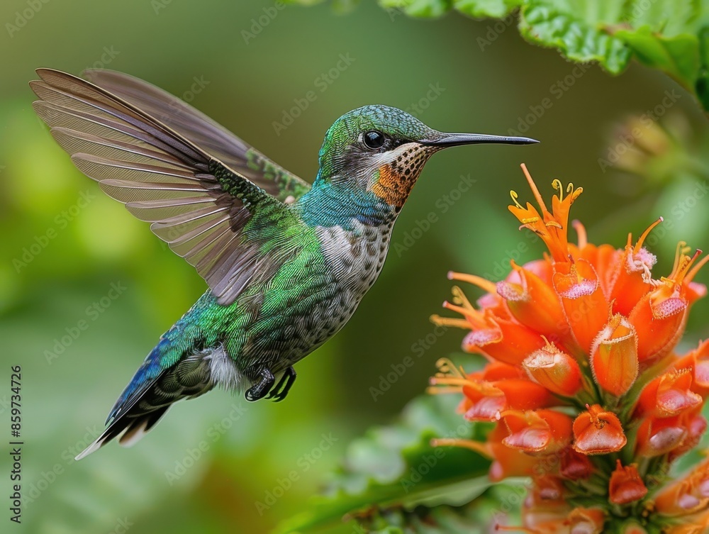Fototapeta premium Vibrant Close-Up Shot of Hummingbird Feeding from Exotic Flower in Lush Garden