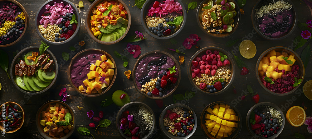 A variety of acai bowls with different toppings, captured with vibrant colors and detailed textures A variety of acai bowls with different toppings, captured with vibrant colors and detailed textures