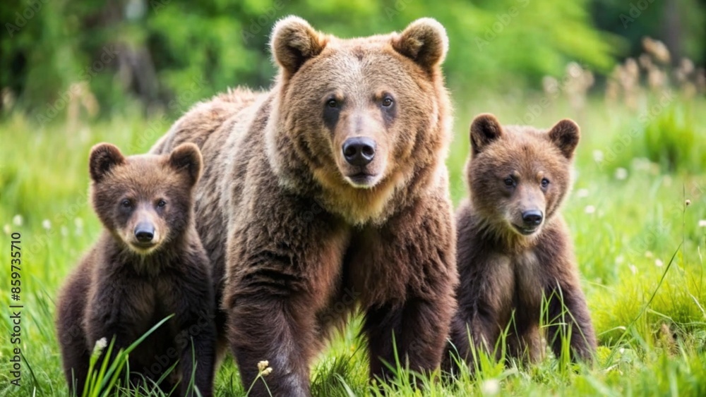 Brown bear, ursus arctos, mother with two cubs on green meadow with copy space. Wide panoramic banner of wild mammal with her lovely offsprings. Animal wildlife in summer nature. Brown bear, ursus arctos, mother with two cubs on green meadow with copy space. Wide panoramic banner of wild mammal with her lovely offsprings. Animal wildlife in summer nature.