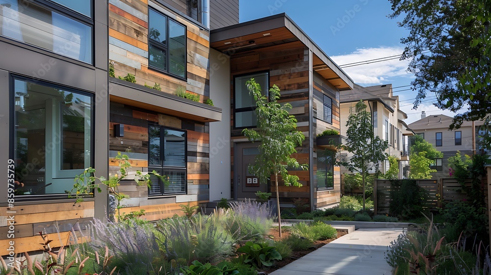 detailed view of a sustainable urban home featuring a combination of reclaimed wood and fiber cement siding, focusing on eco-friendly building practices detailed view of a sustainable urban home featuring a combination of reclaimed wood and fiber cement siding, focusing on eco-friendly building practices
