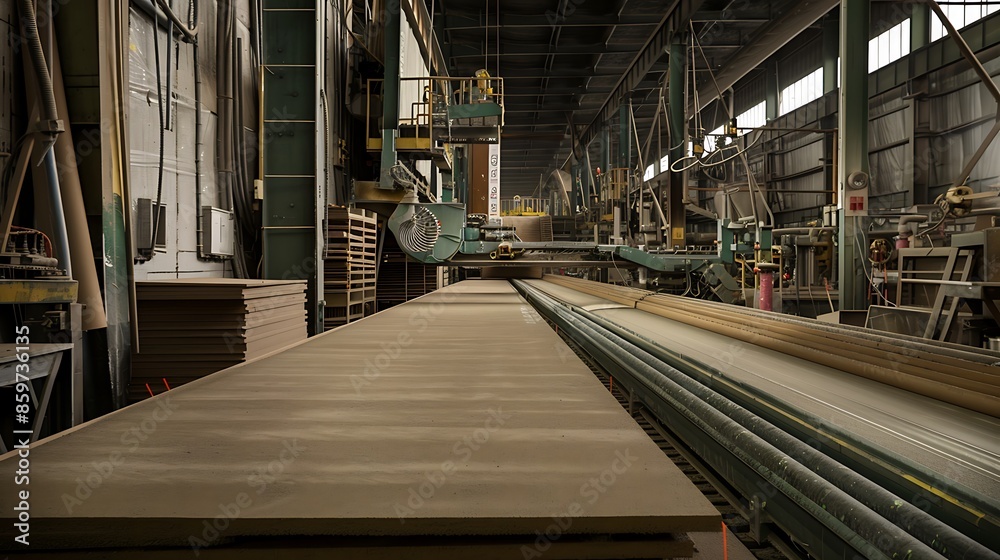 Fototapeta premium fiber cement siding manufacturing process in an industrial setting, highlighting the materials and machinery