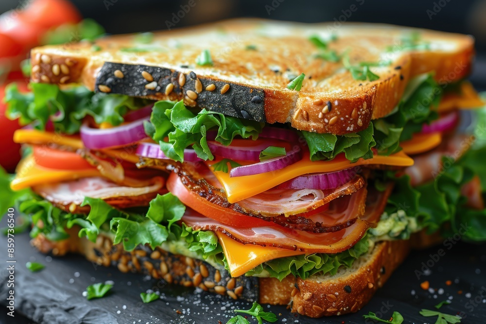 A vibrant, hearty sandwich stacked with layers of fresh vegetables and slices of cheese, presented on a rustic background with lettuce, onions, peppers, and tomatoes. A vibrant, hearty sandwich stacked with layers of fresh vegetables and slices of cheese, presented on a rustic background with lettuce, onions, peppers, and tomatoes.