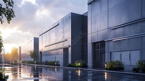 futuristic data center exterior, clad in high-tech fiber cement panels that enhance its thermal management and security features