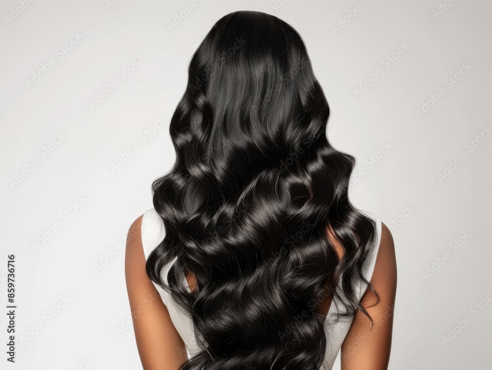 Medium shot of Realistic photograph of an extremely long hair wig, solid white background, view from the back