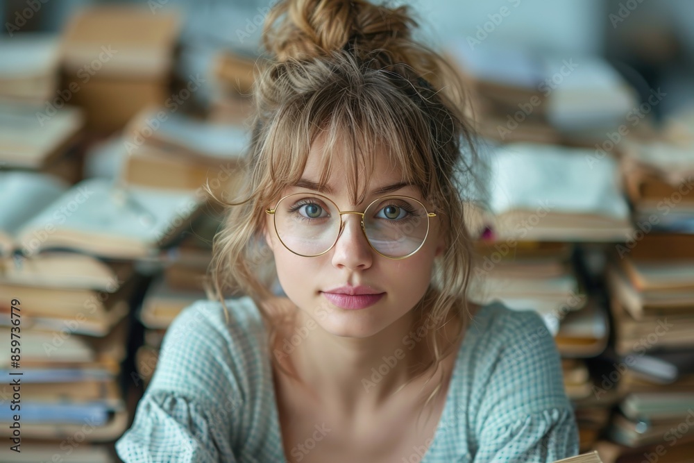 A person wearing glasses is seated in a library, surrounded by stacks of books. They are looking intently at the camera, creating an intellectual and scholarly atmosphere. A person wearing glasses is seated in a library, surrounded by stacks of books. They are looking intently at the camera, creating an intellectual and scholarly atmosphere.