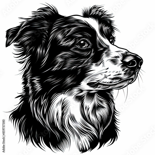 A black and white drawing of a Australian Shepherd dog