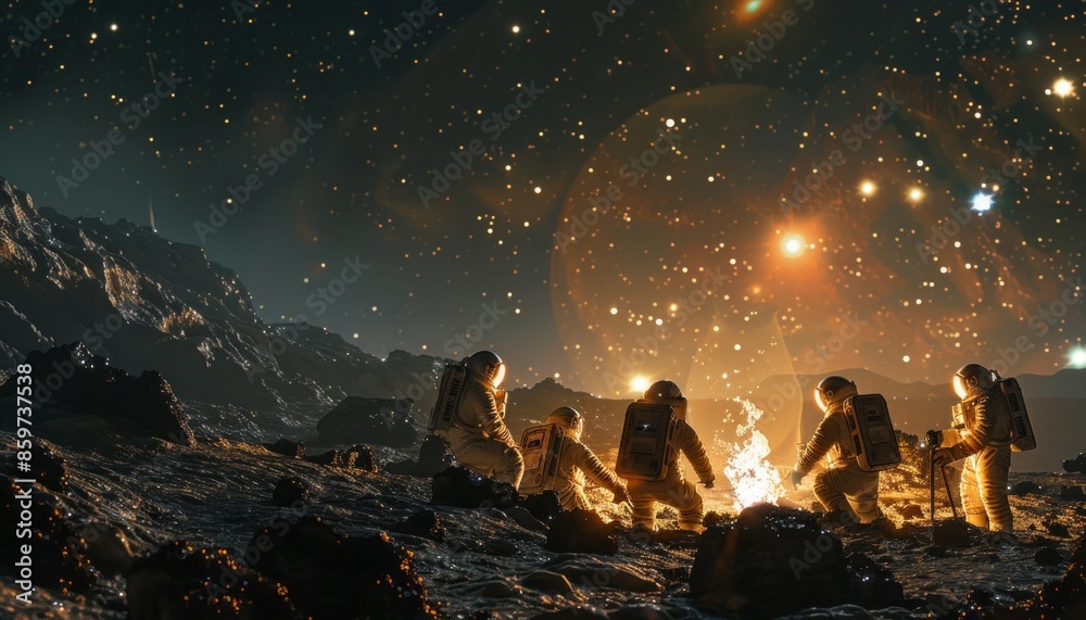 Astronauts gathered under star-studded sky, symbolizing exploration human curiosity Astronauts gathered under star-studded sky, symbolizing exploration human curiosity