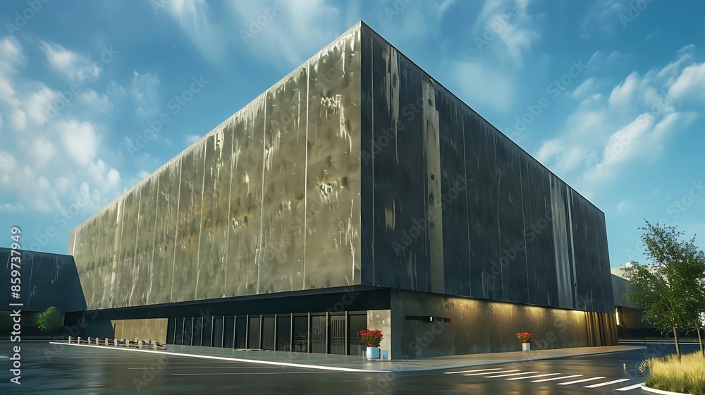 high-tech cinema with an exterior cladding of sound-absorbing fiber cement panels, designed to enhance acoustics while maintaining a modern aesthetic high-tech cinema with an exterior cladding of sound-absorbing fiber cement panels, designed to enhance acoustics while maintaining a modern aesthetic