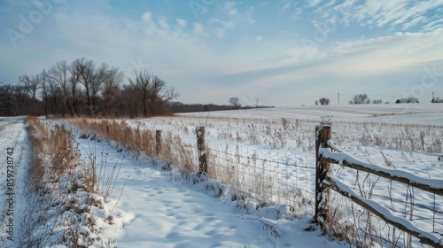 A serene winter scene with a snow-covered fence leading to a field and dormant trees against a cloudy sky
