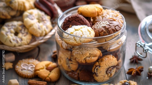 A glass jar filled with various delicious cookies surrounded by spices and cookie cutouts on a wooden table