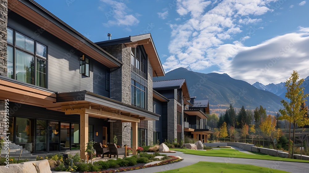 luxury mountain resort with fiber cement siding that mimics natural stone, offering durability against the elements while maintaining an elegant appearance luxury mountain resort with fiber cement siding that mimics natural stone, offering durability against the elements while maintaining an elegant appearance