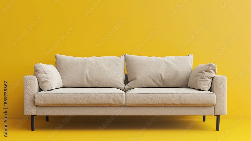 A minimalist AI-controlled sofa in soft beige against a vibrant yellow background wall, adding a cheerful touch to the easy-going bedroom setup A minimalist AI-controlled sofa in soft beige against a vibrant yellow background wall, adding a cheerful touch to the easy-going bedroom setup