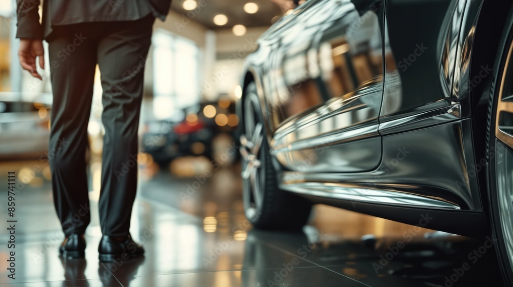 Man Admiring New Luxury Car at Dealership Man Admiring New Luxury Car at Dealership