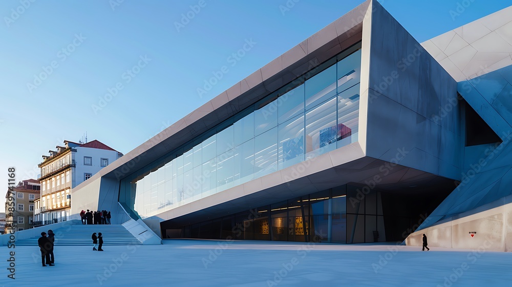 Fototapeta premium modern art museum with an exterior of angular, monochrome fiber cement panels, creating a stark contrast against the traditional urban fabric