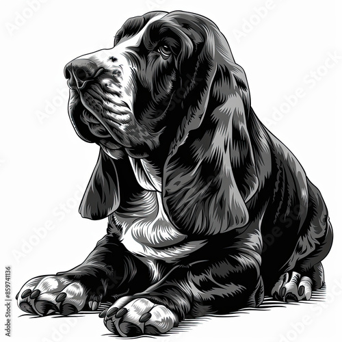 A black and white drawing of a Basset Hound dog photo