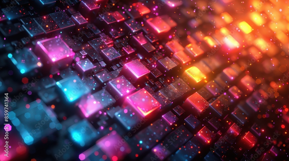 A digital abstract pattern featuring colorful cubes and squares, radiating light and vibrant hues, creating a visually captivating piece with depth and complexity.