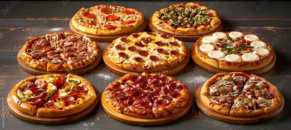 A variety of Chicago-style pizzas with different toppings, captured with vibrant colors and detailed textures A variety of Chicago-style pizzas with different toppings, captured with vibrant colors and detailed textures