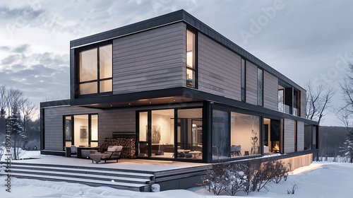modern house entirely clad in textured fiber cement siding, surrounded by a winter landscape, showcasing its resistance to harsh climates