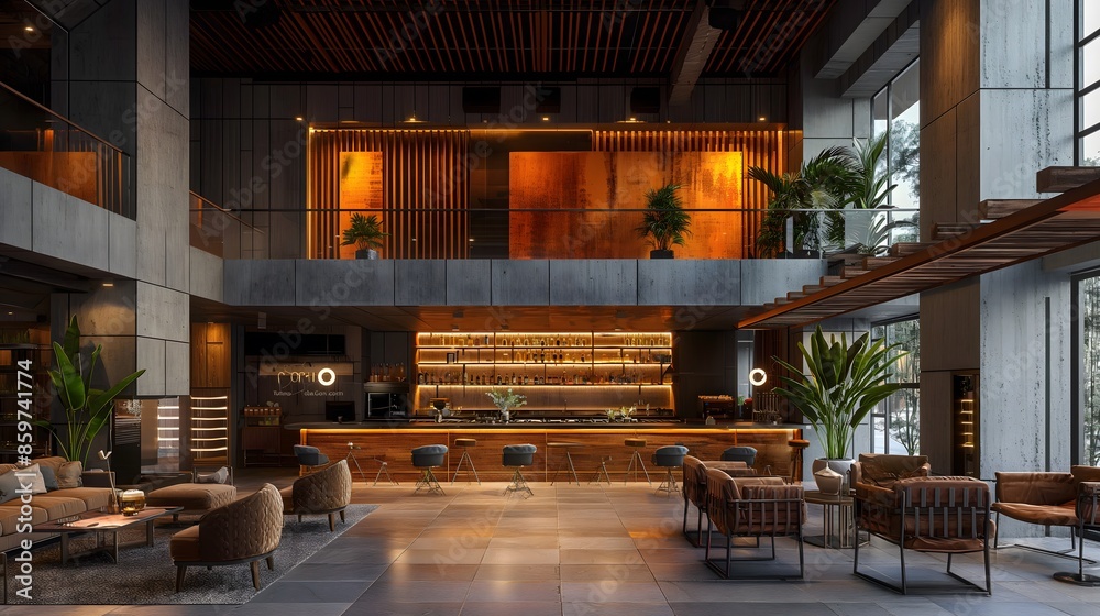 Modern hotel lounge with stylish bar and seating interion 3d visualization modern Modern hotel lounge with stylish bar and seating interion 3d visualization modern