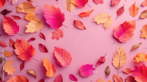 Fall colored paper leaves on pink backdrop