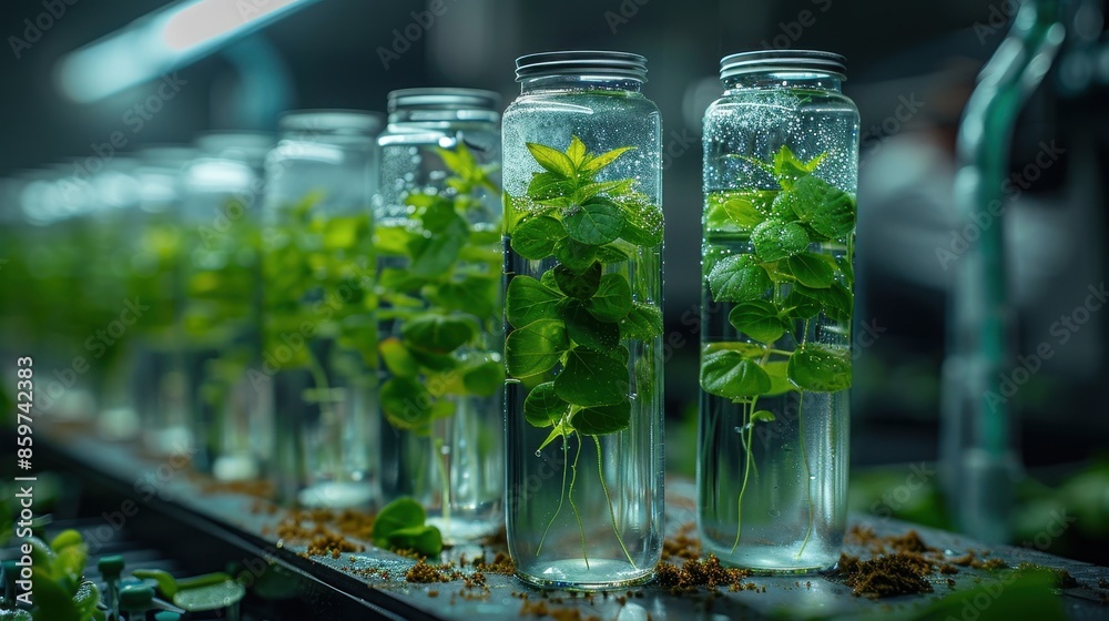A row of green plants is visible growing in clear glass jars with water within a laboratory environment, emphasizing botanical preservation, scientific study, and organic growth. A row of green plants is visible growing in clear glass jars with water within a laboratory environment, emphasizing botanical preservation, scientific study, and organic growth.