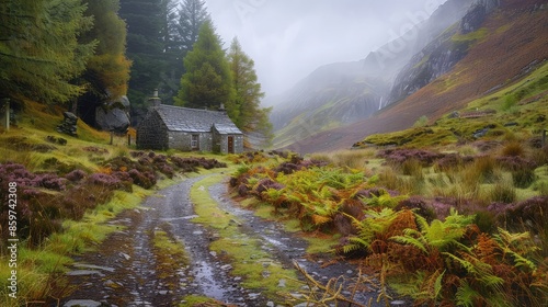 Serene highland road bordered by heather and ferns, leading to a quaint stone bothy nestled in a misty valley. photo