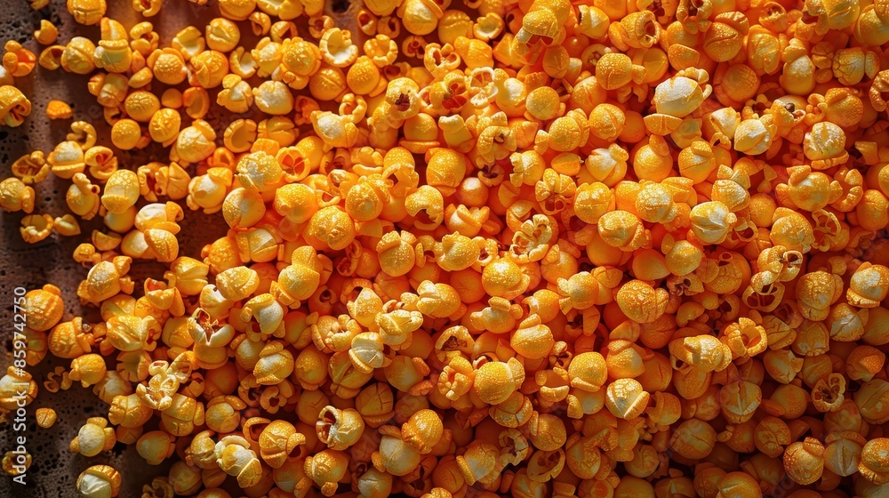 An overhead view of a pile of cheese-coated popcorn illuminated brightly, emphasizing the texture and color variations in the popcorn, representative of a fun snack. An overhead view of a pile of cheese-coated popcorn illuminated brightly, emphasizing the texture and color variations in the popcorn, representative of a fun snack.
