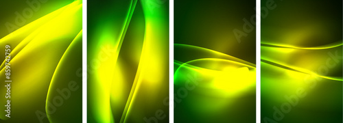 Neon Lines Waves. Abstract Background Poster Collection. Captivating array of vibrant designs, pulsating with dynamic energy against a dark backdrop. Explore the mesmerizing allure of neon waves