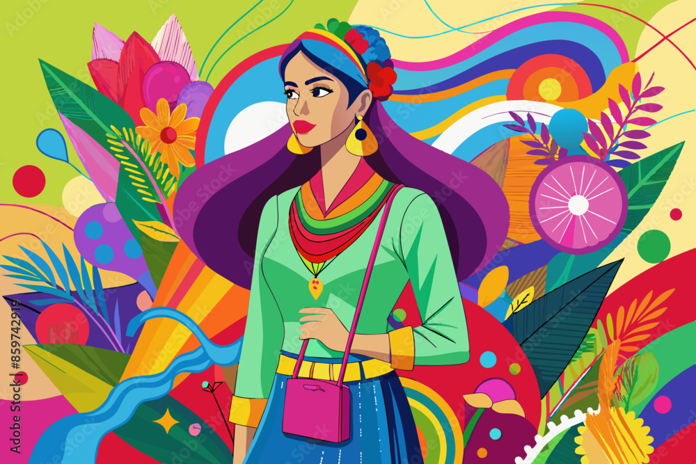 Ilustracion colorida de una mujer con cabello, una camisa colorida con un fondo lleno de color Ilustracion colorida de una mujer con cabello, una camisa colorida con un fondo lleno de color