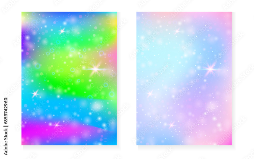 Magic background with princess rainbow gradient. Kawaii unicorn hologram. Holographic fairy set. Trendy fantasy cover. Magic background with sparkles and stars for cute girl party invitation. Magic background with princess rainbow gradient. Kawaii unicorn hologram. Holographic fairy set. Trendy fantasy cover. Magic background with sparkles and stars for cute girl party invitation.