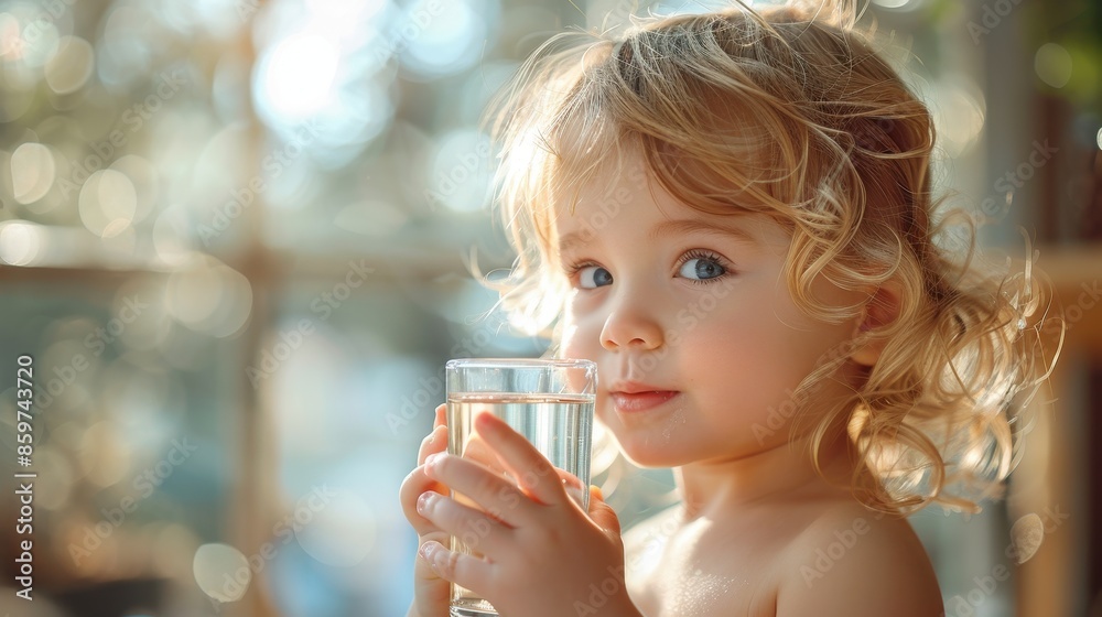 A delightful curly-haired toddler is captured drinking water from a clear glass with natural sunlight streaming in, creating a serene and joyful atmosphere against a green backdrop. A delightful curly-haired toddler is captured drinking water from a clear glass with natural sunlight streaming in, creating a serene and joyful atmosphere against a green backdrop.
