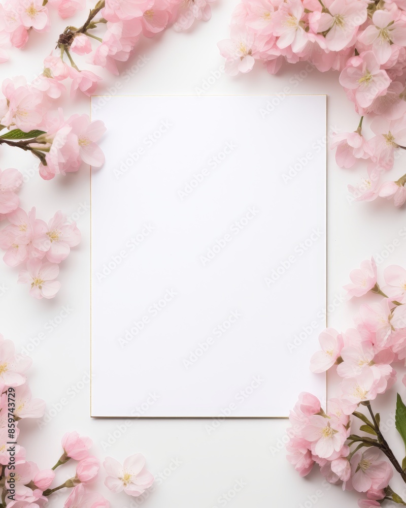 Blank white paper surrounded by pink cherry blossoms, perfect for invitations, announcements, and spring-themed designs, mock up Blank white paper surrounded by pink cherry blossoms, perfect for invitations, announcements, and spring-themed designs, mock up
