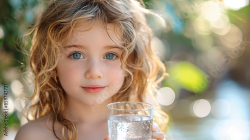 A blonde girl with blue eyes, holding a glass of water, is captured against a naturally lit, bokeh-rich green background. The image exudes innocence and refreshment.