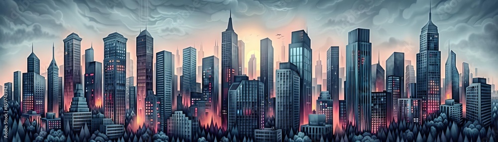 Fototapeta premium Neon skyline with glowing skyscrapers, vibrant colors, cyberpunk style, digital rendering