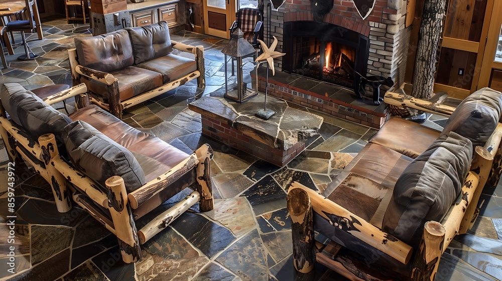 rustic living space with furniture made from salvaged lumber, natural stone flooring, and a centerpiece fireplace built from recycled bricks rustic living space with furniture made from salvaged lumber, natural stone flooring, and a centerpiece fireplace built from recycled bricks