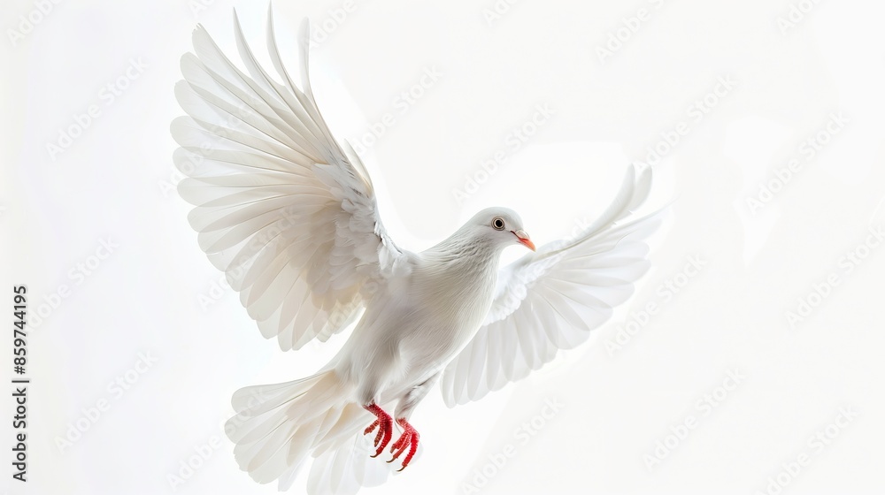 Beautiful white dove in flight with open wings on white background. Symbol of peace and freedom. Minimalist and clean design ideal for use in inspirational and nature-themed projects. AI Beautiful white dove in flight with open wings on white background. Symbol of peace and freedom. Minimalist and clean design ideal for use in inspirational and nature-themed projects. AI