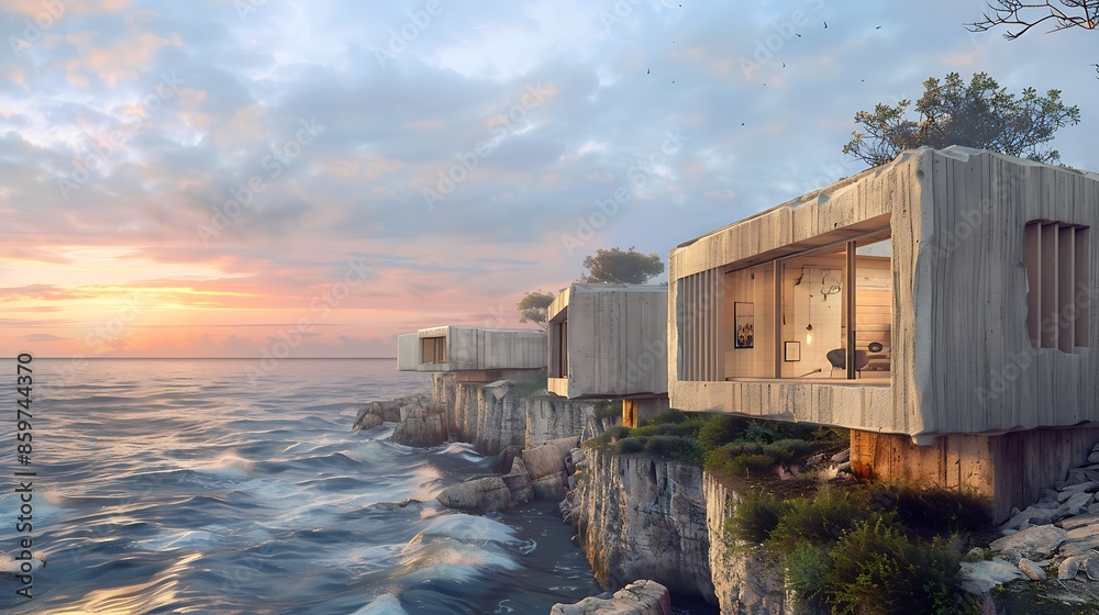 series of artist studios on a cliff overlooking the sea, each with a unique design using fiber cement siding to withstand the salty, windy conditions series of artist studios on a cliff overlooking the sea, each with a unique design using fiber cement siding to withstand the salty, windy conditions