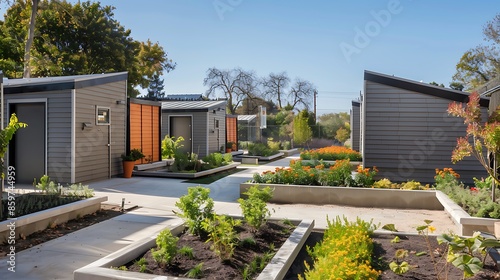 series of garden sheds in a community space, each clad in differently textured fiber cement siding to demonstrate garden design variety