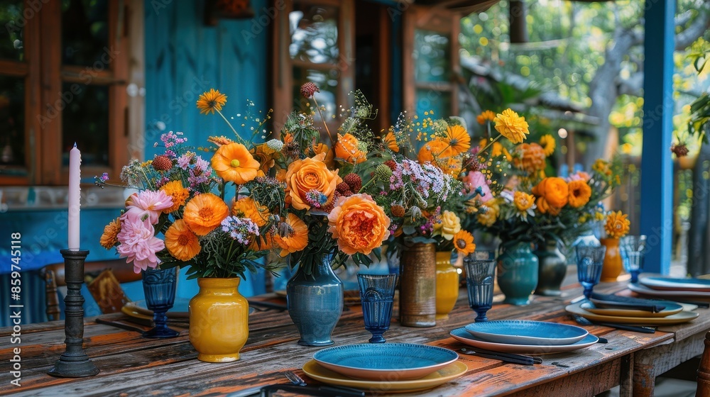 A rustic outdoor table adorned with vibrant floral centerpieces, colorful tableware, and a cozy setting, perfect for a charming outdoor gathering or celebration. A rustic outdoor table adorned with vibrant floral centerpieces, colorful tableware, and a cozy setting, perfect for a charming outdoor gathering or celebration.