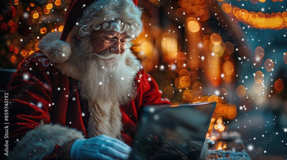 An outdoor winter scene with a person in holiday attire working on a laptop amidst falling snow, creating a blend of festive holiday spirit and modern technology. An outdoor winter scene with a person in holiday attire working on a laptop amidst falling snow, creating a blend of festive holiday spirit and modern technology.
