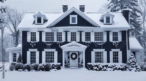 A classic American house with white shutters during a frosty morning, a sophisticated array of monochrome black and white decorations adorning the exterior 