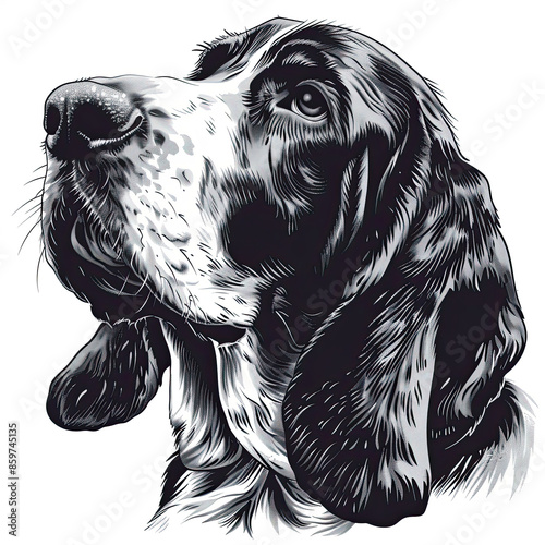 A black and white drawing of a Basset Hound dog photo