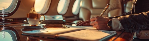 Business executive writing notes on a luxurious private jet, highlighting a professional and upscale travel experience. photo