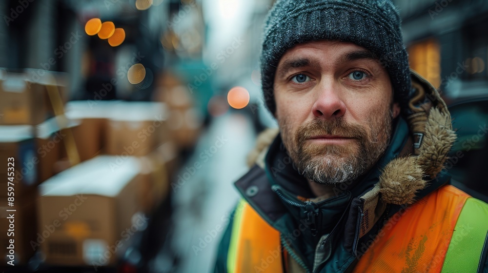 A pensive man wearing an orange safety vest stands in a busy street surrounded by delivery packages in front of blurred lights, encapsulating tired perseverance. A pensive man wearing an orange safety vest stands in a busy street surrounded by delivery packages in front of blurred lights, encapsulating tired perseverance.