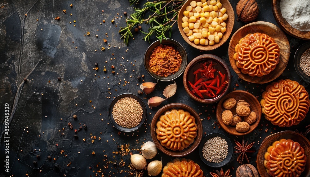 A beautifully arranged assortment of spices, nuts, and traditional mooncakes on a rustic wooden table, highlighting Asian culinary ingredients.