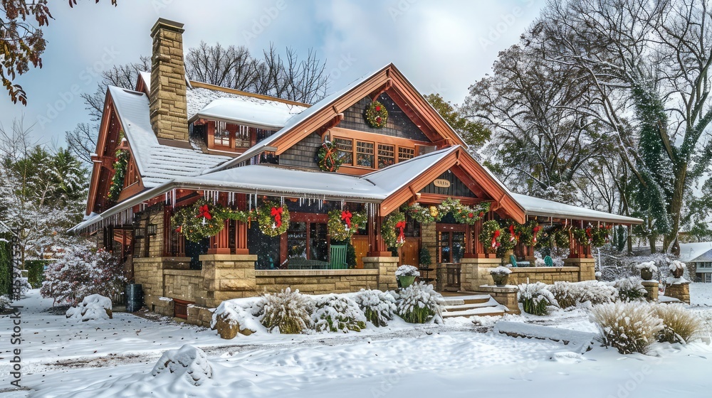 A festive Craftsman-style house in the winter, decorated with seasonal wreaths and garlands, snow blanketing the roof and yard, perfect for holiday cards and celebrations. A festive Craftsman-style house in the winter, decorated with seasonal wreaths and garlands, snow blanketing the roof and yard, perfect for holiday cards and celebrations.
